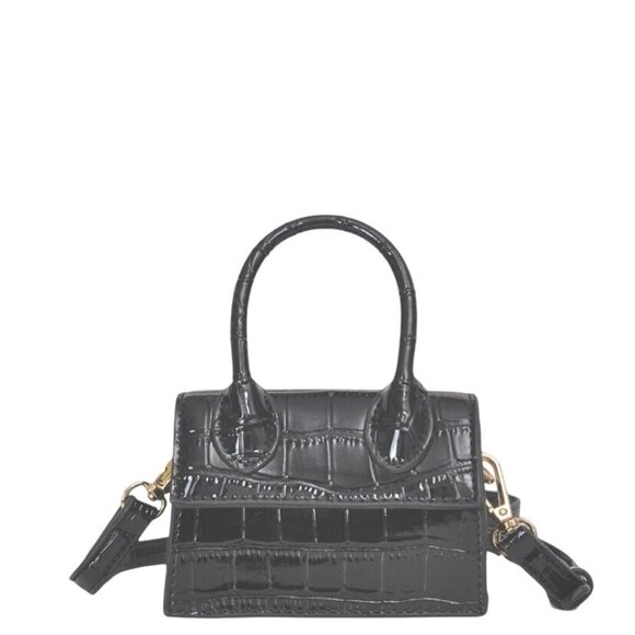 Mini Black Croc Embossed Polyurethane Leather Convertible Shoulder & Handbag - Picture 1 of 4